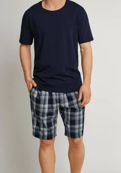 SCHIESSER Mix+Relax lounge broek, korte pijpen, dun niet elastisch, blauw geruit