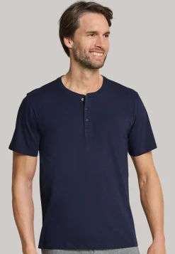 SCHIESSER Mix+Relax T-shirt, korte mouw, O-hals met knoopsluiting, blauw