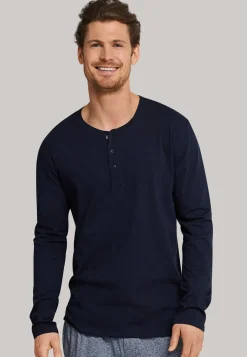 SCHIESSER Mix+Relax T-shirt, lange mouw, O-hals met knoopsluiting, blauw