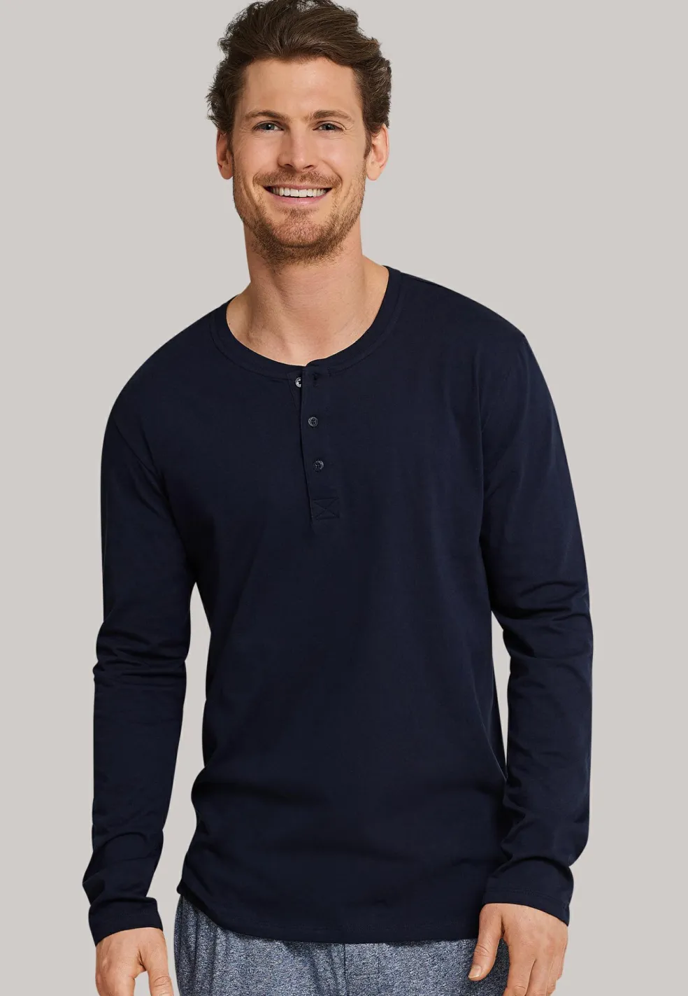 SCHIESSER Mix+Relax T-shirt, lange mouw, O-hals met knoopsluiting, blauw