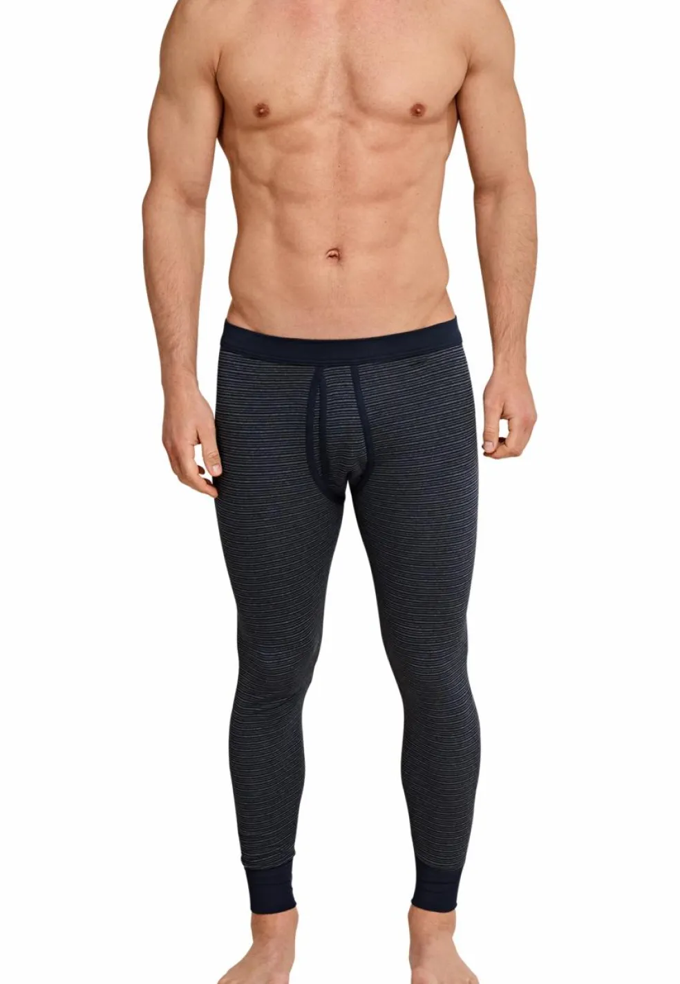 SCHIESSER Original Feinripp lange onderbroek (1-pack), heren onderbroek lang met opening donkerblauw dwarsstrepen