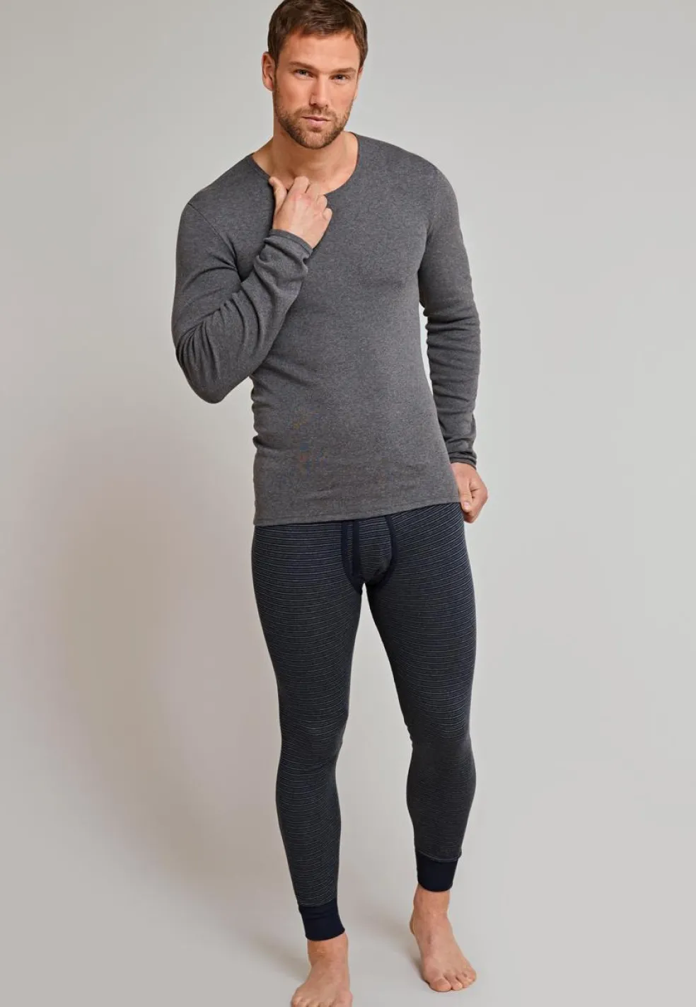 SCHIESSER Original Feinripp lange onderbroek (1-pack), heren onderbroek lang met opening donkerblauw dwarsstrepen