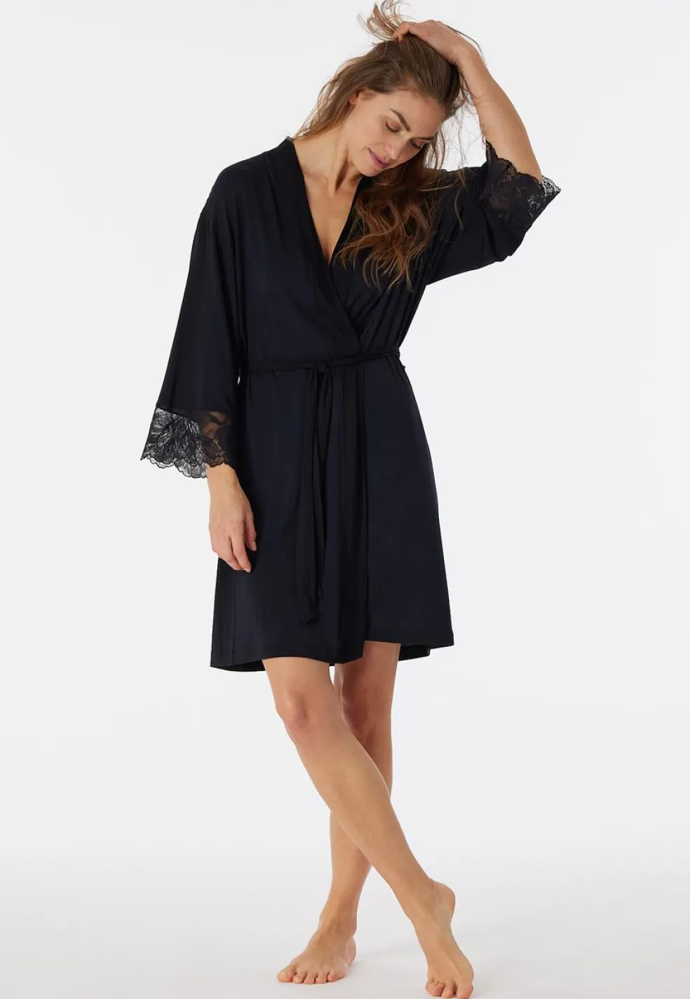 SCHIESSER Sensual Premium badjas, dames kimono modal riem kant zwart
