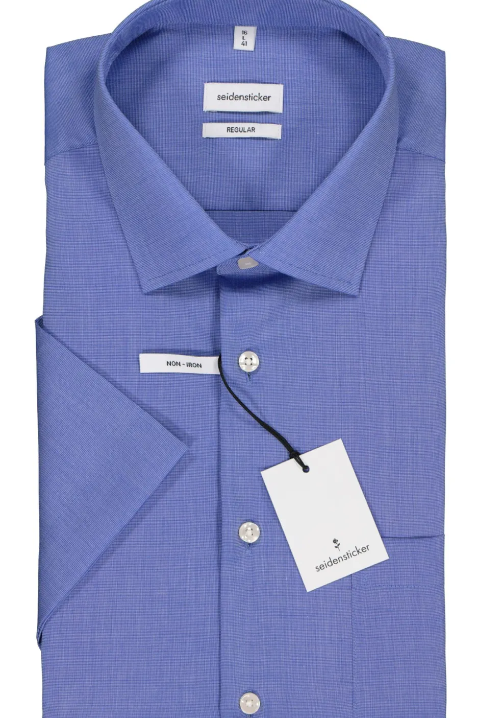 Seidensticker regular fit overhemd, korte mouw, middenblauw fil a fil