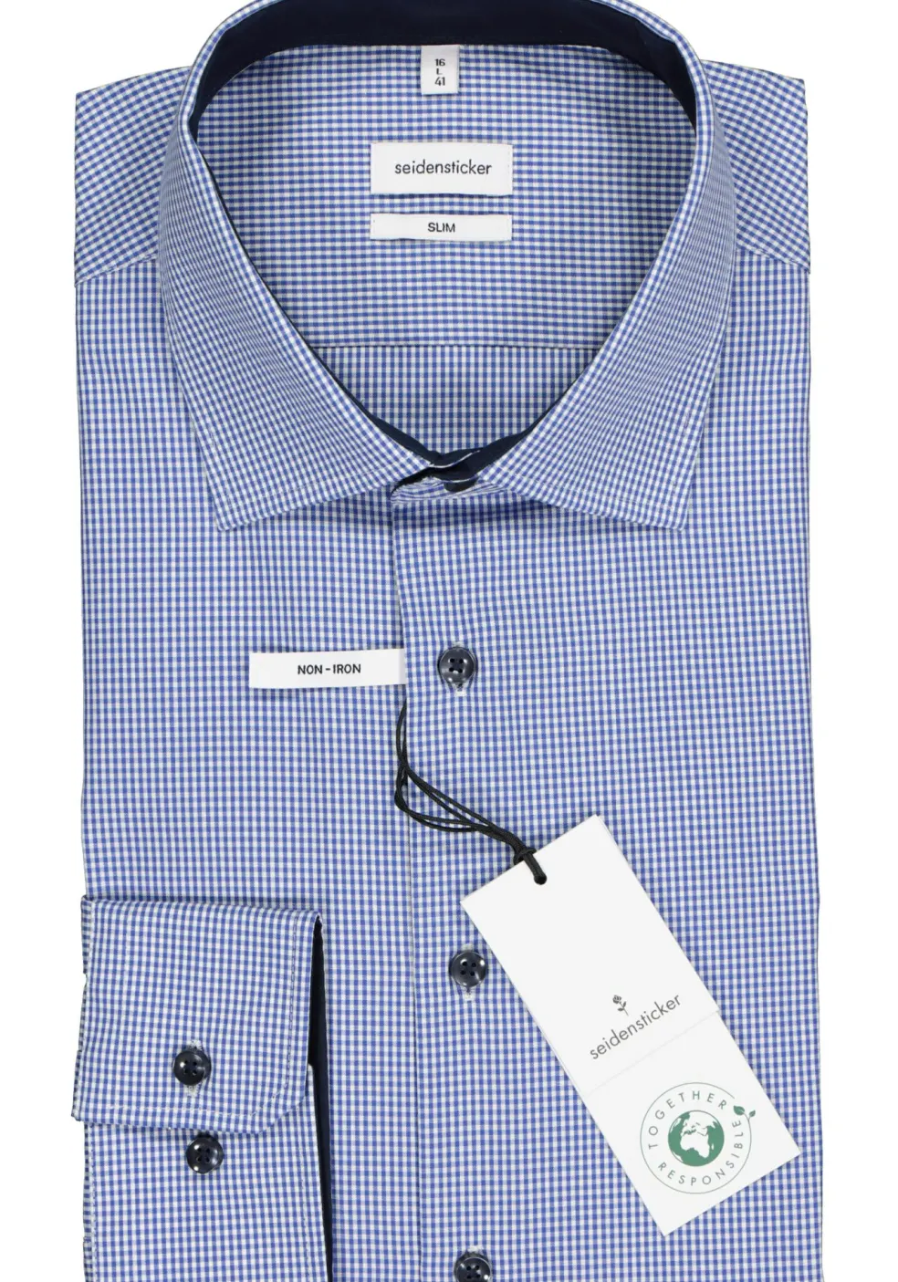 Seidensticker slim fit overhemd, blauw met wit geruit (contrast)