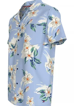 Tommy Hilfiger Bowling Shirt Regular Fit, korte mouw, popeline, lichtblauw met bloemen dessin