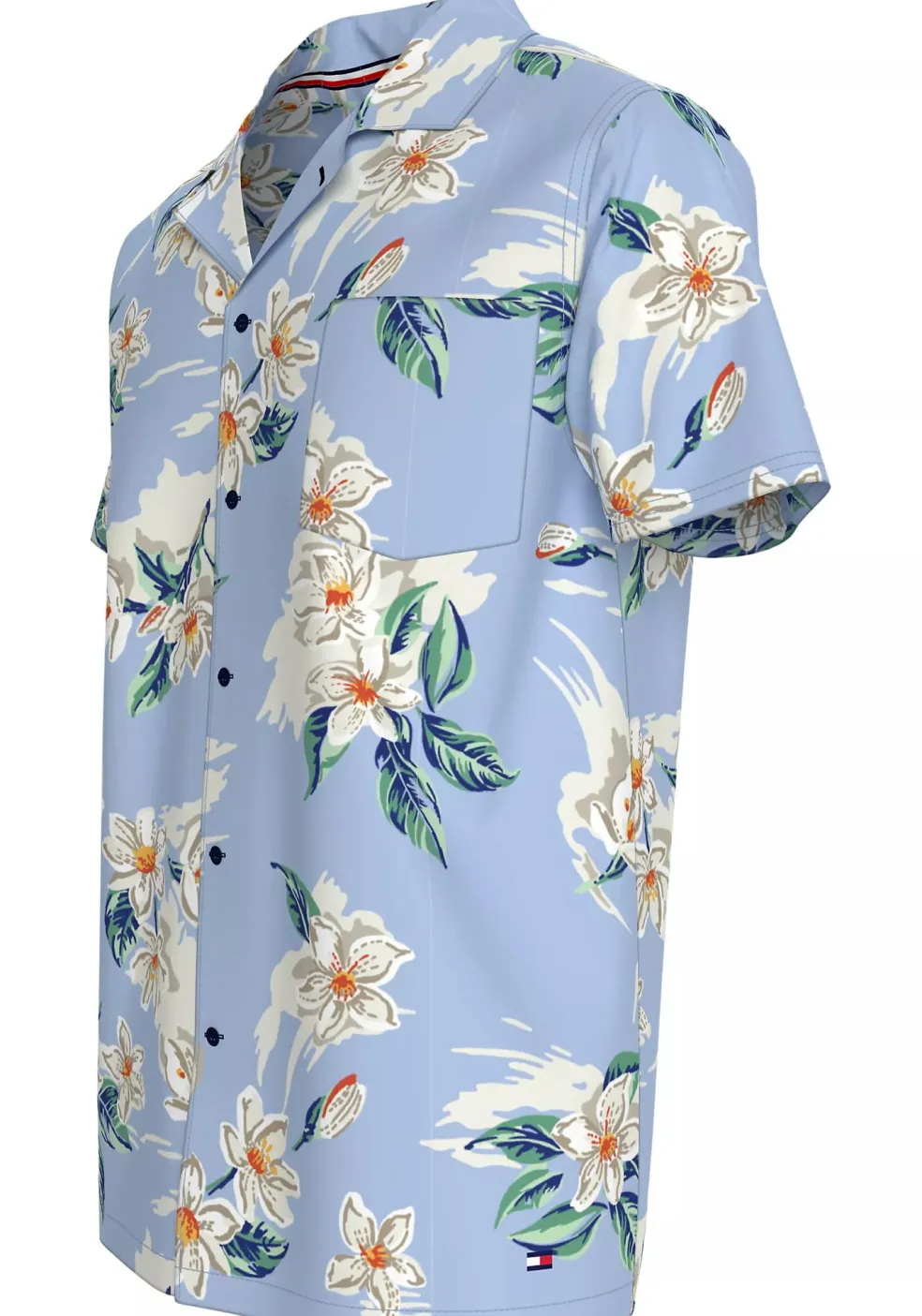 Tommy Hilfiger Bowling Shirt Regular Fit, korte mouw, popeline, lichtblauw met bloemen dessin