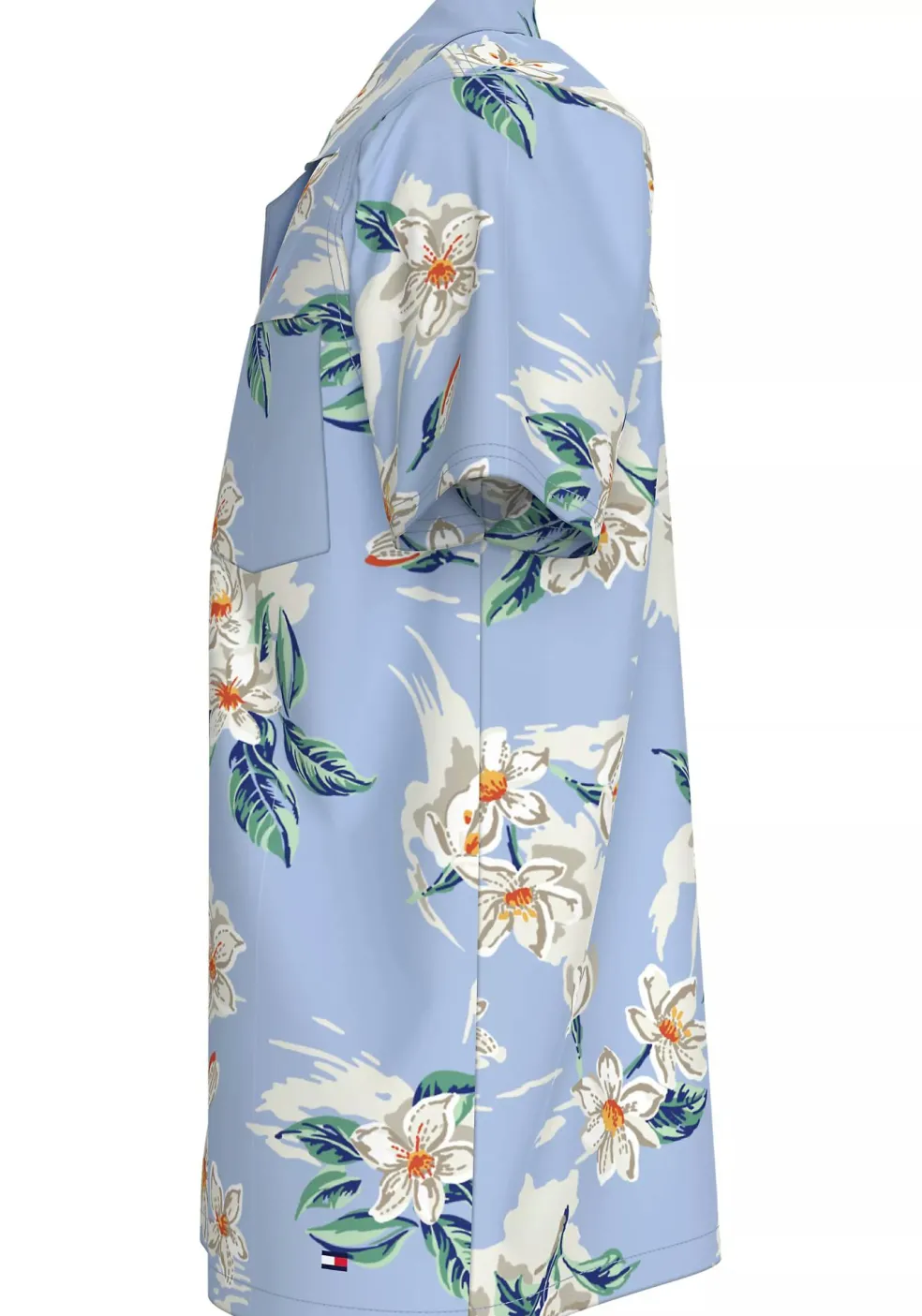 Tommy Hilfiger Bowling Shirt Regular Fit, korte mouw, popeline, lichtblauw met bloemen dessin