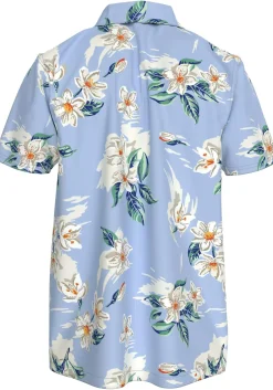 Tommy Hilfiger Bowling Shirt Regular Fit, korte mouw, popeline, lichtblauw met bloemen dessin