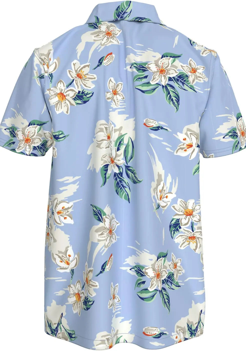Tommy Hilfiger Bowling Shirt Regular Fit, korte mouw, popeline, lichtblauw met bloemen dessin