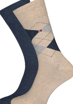 Tommy Hilfiger Check Socks (2-pack), herensokken katoen, geruit en uni, beige met jeansblauw
