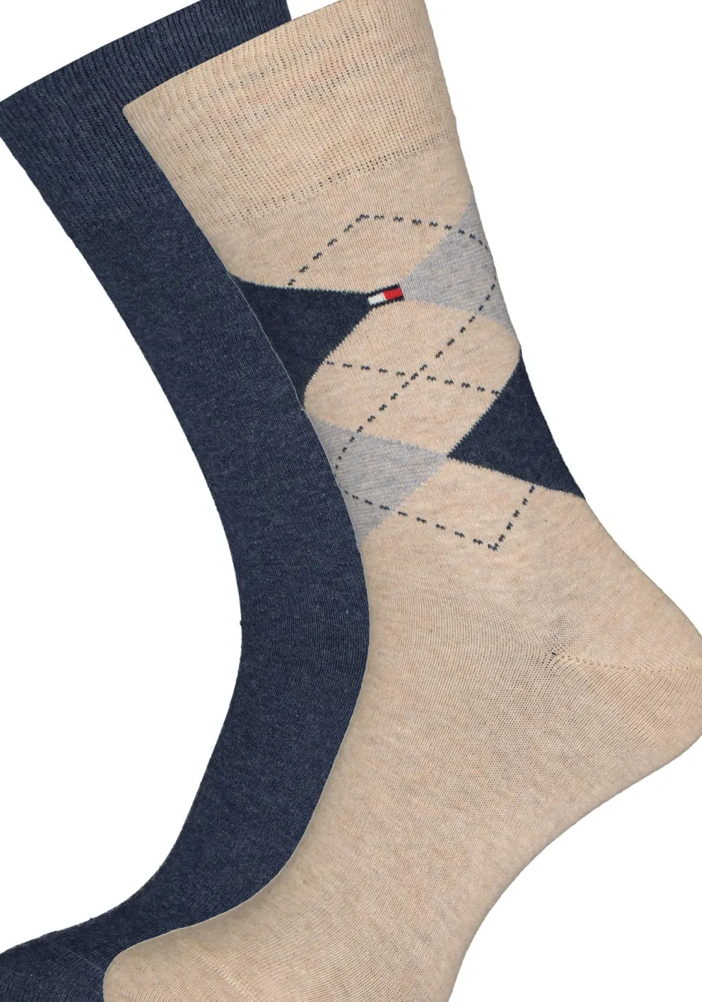 Tommy Hilfiger Check Socks (2-pack), herensokken katoen, geruit en uni, beige met jeansblauw