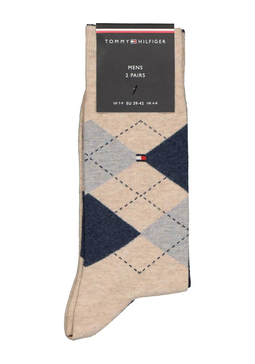 Tommy Hilfiger Check Socks (2-pack), herensokken katoen, geruit en uni, beige met jeansblauw