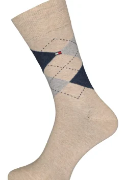 Tommy Hilfiger Check Socks (2-pack), herensokken katoen, geruit en uni, beige met jeansblauw