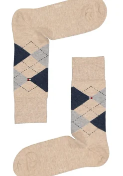Tommy Hilfiger Check Socks (2-pack), herensokken katoen, geruit en uni, beige met jeansblauw