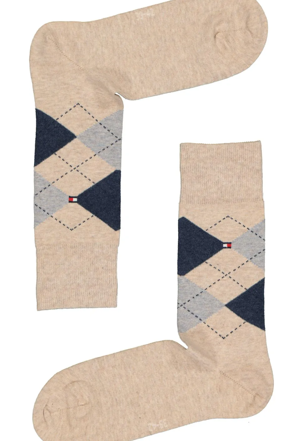 Tommy Hilfiger Check Socks (2-pack), herensokken katoen, geruit en uni, beige met jeansblauw