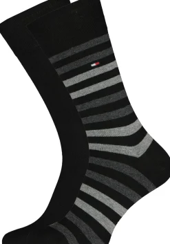 Tommy Hilfiger Duo Stripe Socks (2-pack), herensokken katoen, gestreept en uni, zwart met grijs