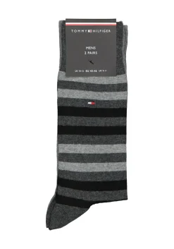 Tommy Hilfiger Duo Stripe Socks (2-pack), herensokken katoen, gestreept en uni, antraciet grijs