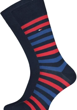 Tommy Hilfiger Duo Stripe Socks (2-pack), herensokken katoen, gestreept en uni, blauw en rood