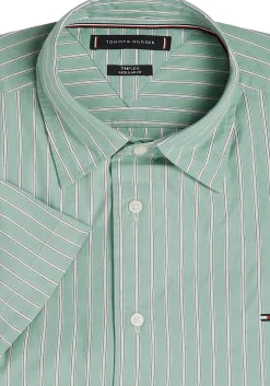 Tommy Hilfiger Flex Poplin Regular Fit Shirt, korte mouw, popeline, groen met wit gestreept