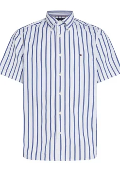Tommy Hilfiger Flex Poplin Regular Fit Shirt, korte mouw, popeline, wit met blauw gestreept