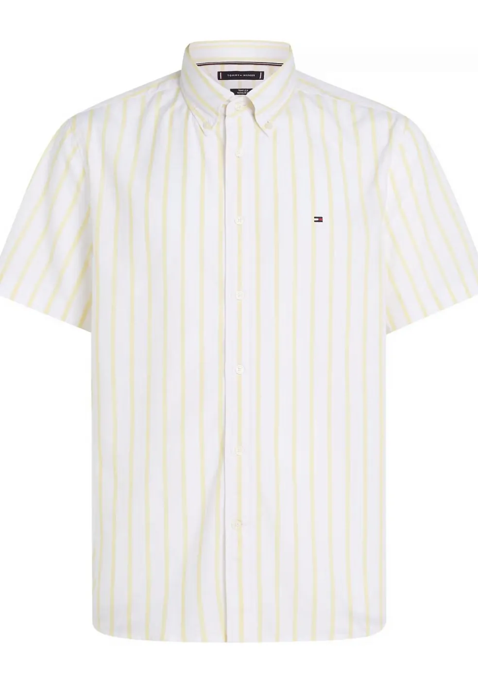 Tommy Hilfiger Flex Poplin Regular Fit Shirt, korte mouw, popeline, wit met geel gestreept