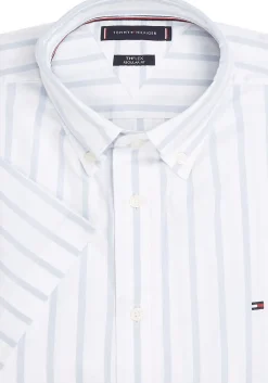 Tommy Hilfiger Flex Poplin Regular Fit Shirt, korte mouw, popeline, wit met lichtblauw gestreept