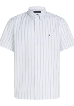 Tommy Hilfiger Flex Poplin Regular Fit Shirt, korte mouw, popeline, wit met lichtblauw gestreept