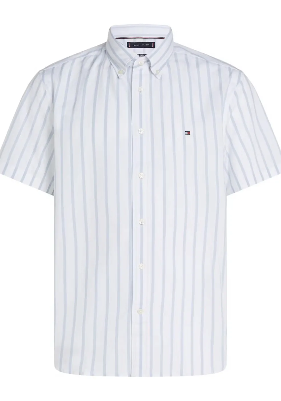 Tommy Hilfiger Flex Poplin Regular Fit Shirt, korte mouw, popeline, wit met lichtblauw gestreept