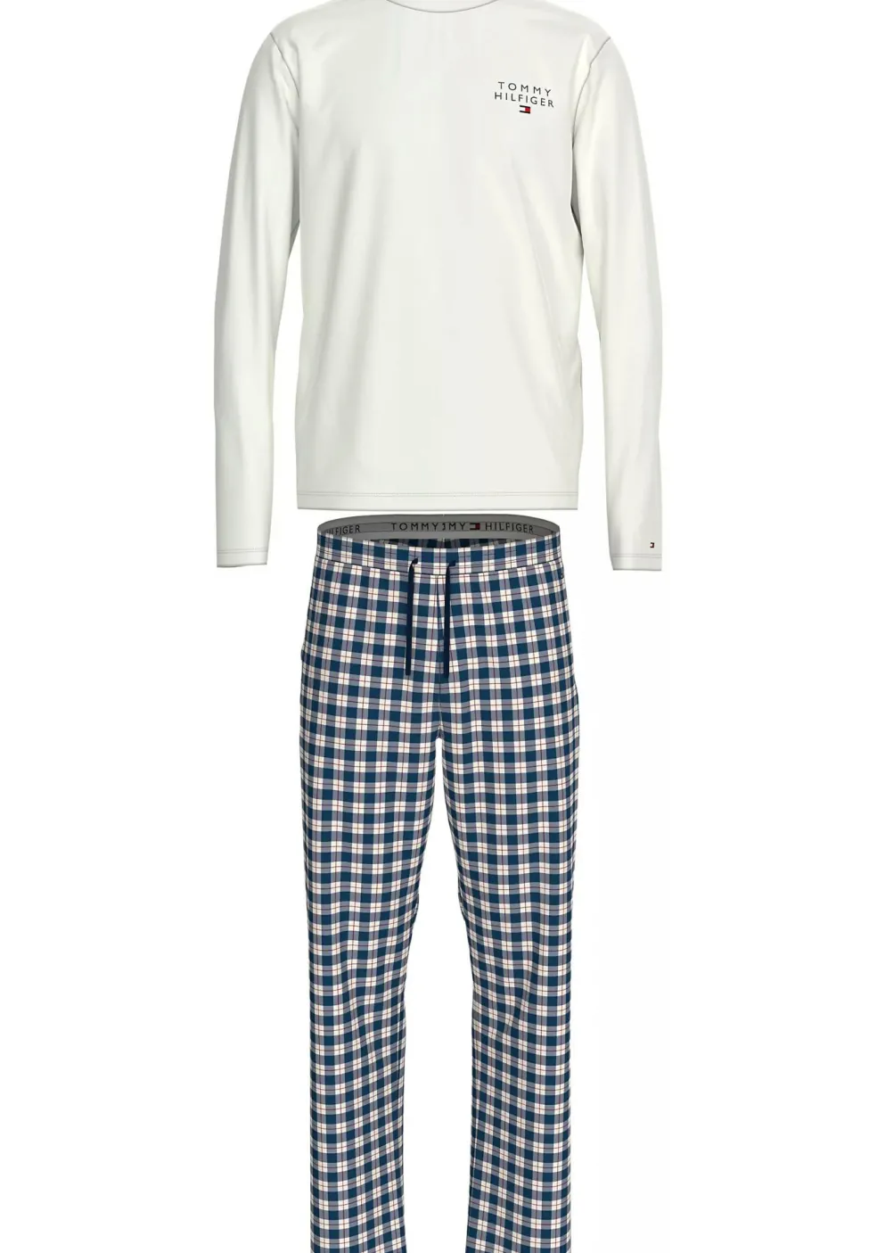 Tommy Hilfiger heren pyjama set, wit shirt met blauw met wit geruite broek
