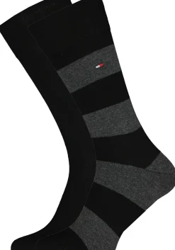 Tommy Hilfiger Rugby Stripe Socks (2-pack), herensokken katoen gestreept en uni, zwart met grijs