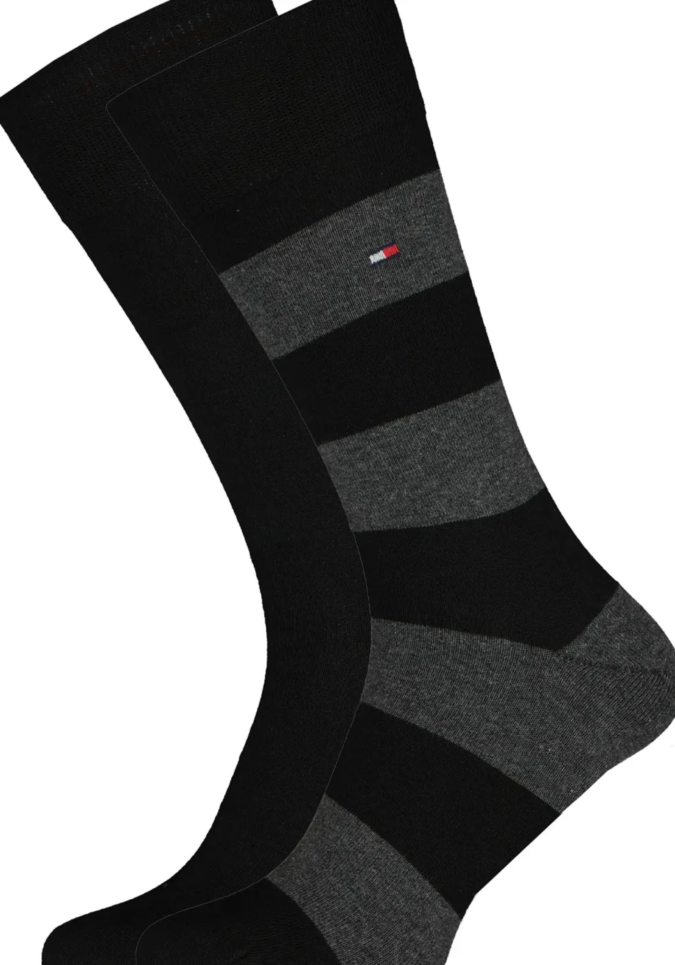 Tommy Hilfiger Rugby Stripe Socks (2-pack), herensokken katoen gestreept en uni, zwart met grijs