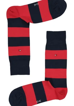 Tommy Hilfiger Rugby Stripe Socks (2-pack), herensokken katoen gestreept en uni, blauw met rood