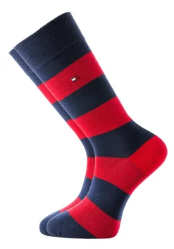 Tommy Hilfiger Rugby Stripe Socks (2-pack), herensokken katoen gestreept en uni, blauw met rood