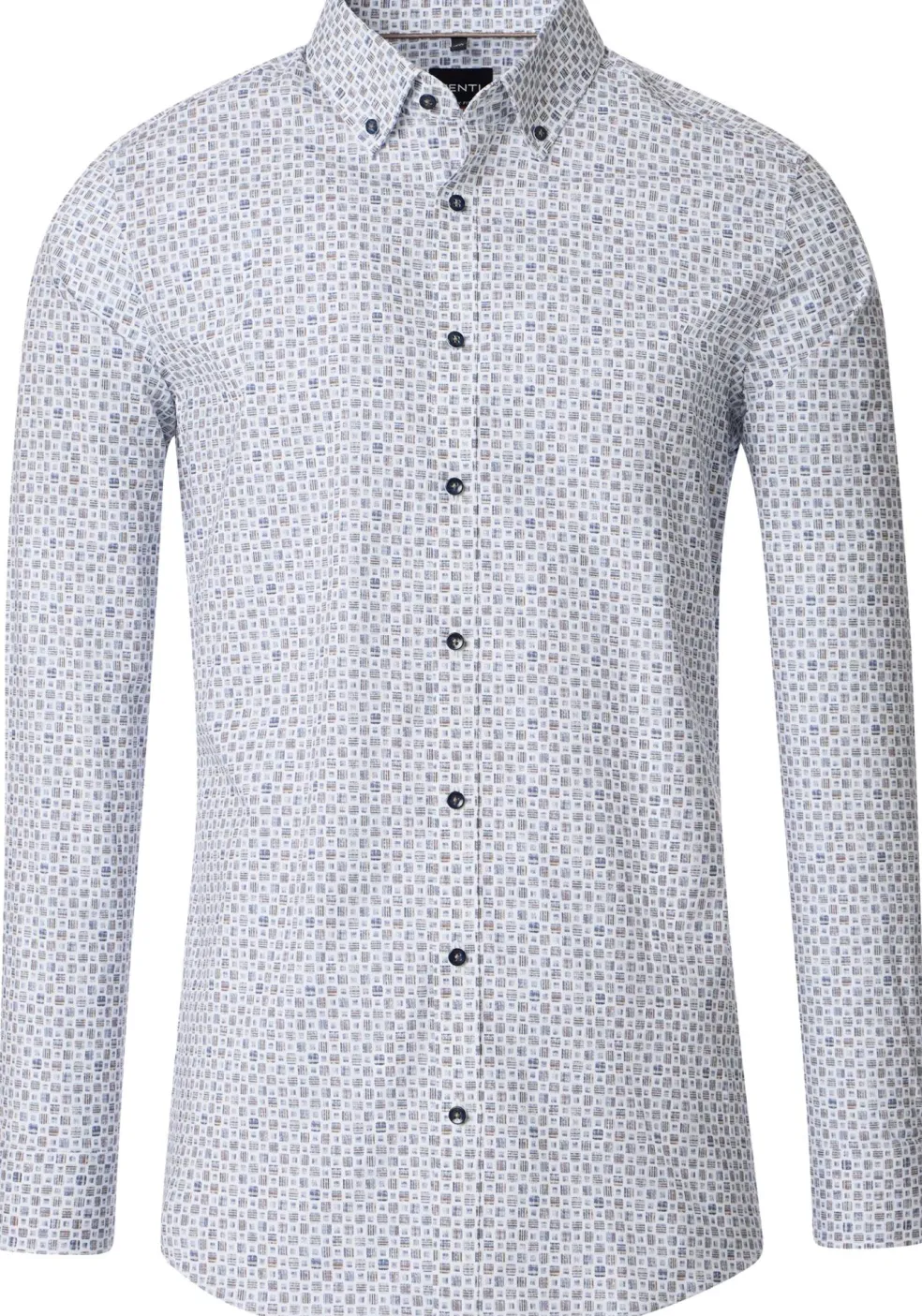 VENTI body fit overhemd, popeline, wit met blauw en beige dessin