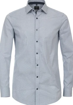 VENTI body fit overhemd, popeline, blauw met wit dessin
