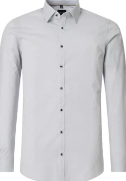 VENTI body fit overhemd, popeline, wit met blauw en beige mini dessin