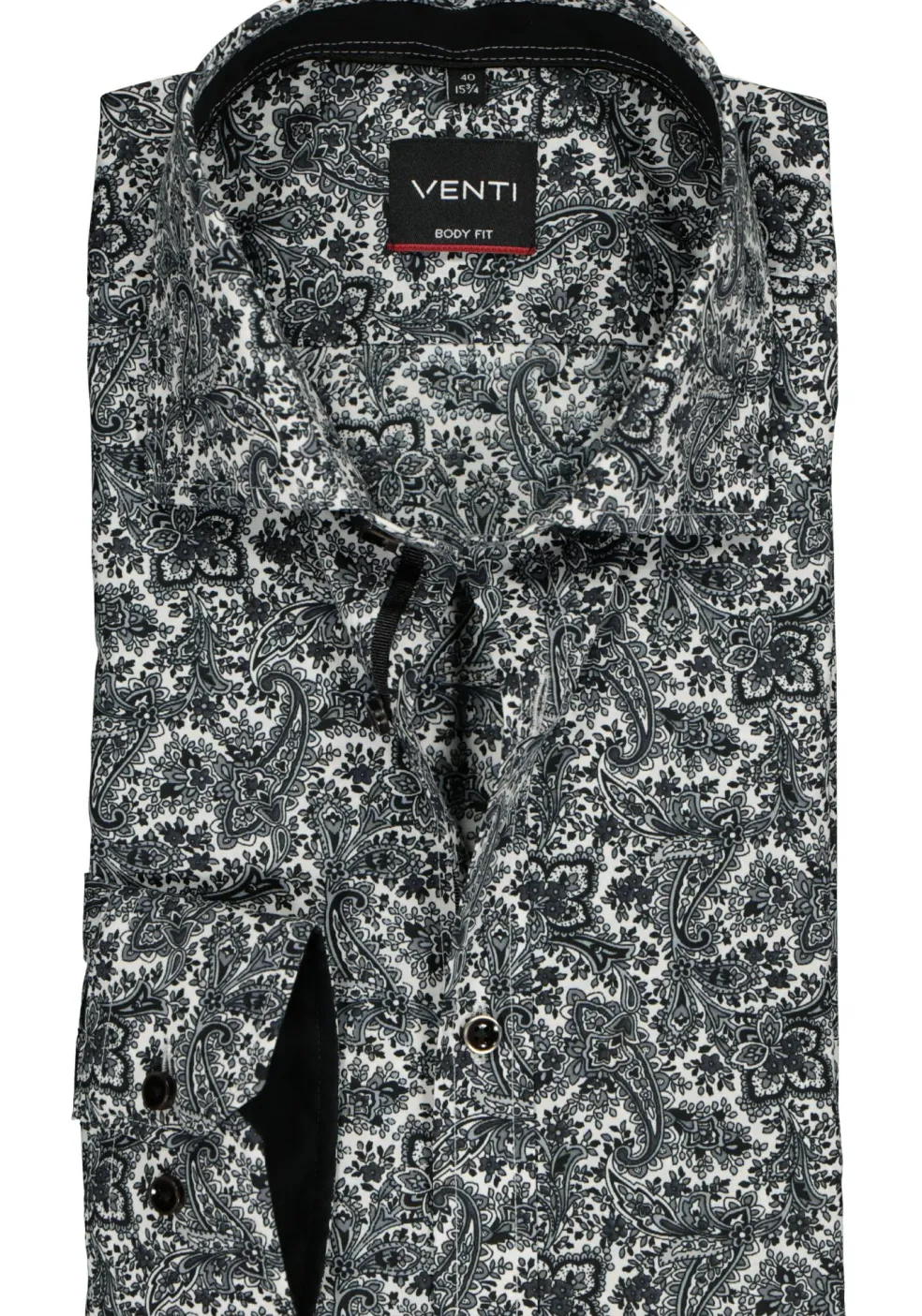 VENTI body fit overhemd, zwart met grijs en wit paisley dessin (contrast)
