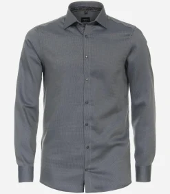 VENTI modern fit overhemd, dobby, blauw met bruin en wit mini dessin